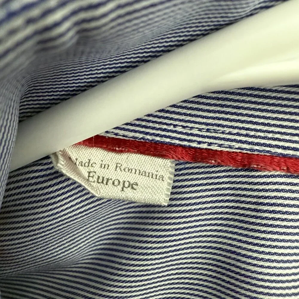 Eton Shirt Men 42 16.5 Blue Stripe Classic Fit Pocket Button Up